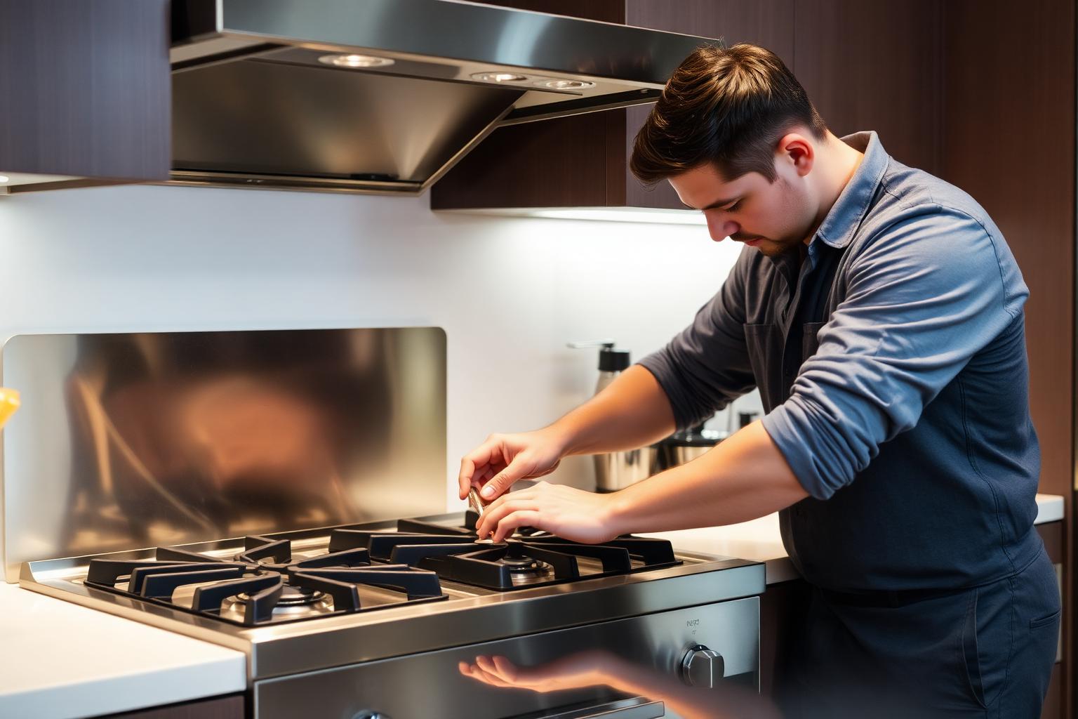 Técnico consertando fogão a gás em cozinha de Salvador